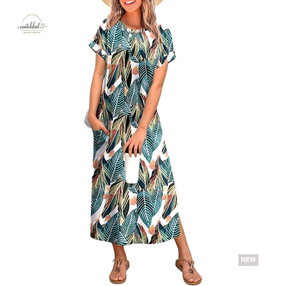 Relaxed Fit Maxi Dress with Pockets, Short Sleeve, Lightweight Polyester Blend